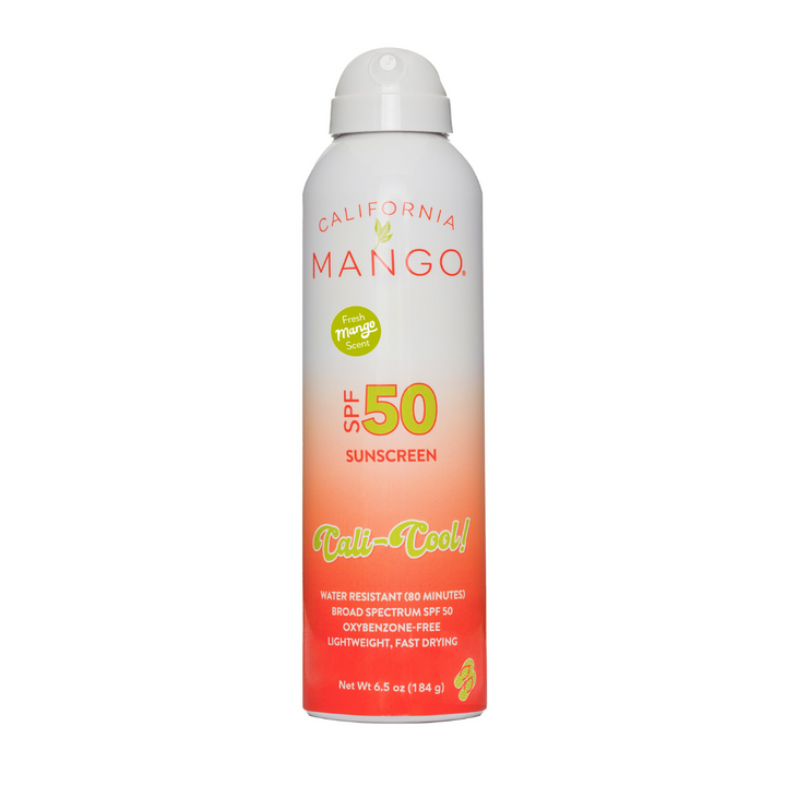 California Mango Cali-Cool SPF 50 sunscreen spray in white and coral gradient bottle, 6.5 oz