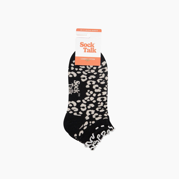 Black leopard print ankle socks with frilled cuff, Sock Talk branded packaging