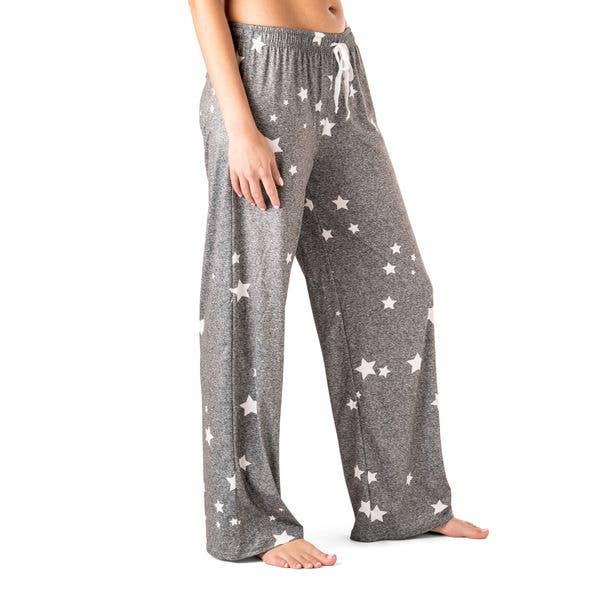 Gray pajama pants with white star print pattern and drawstring waist