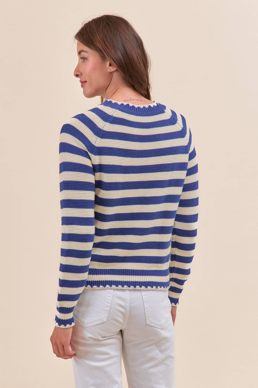 Striped Puff Sleeve Sweater w/ Contrast Stitch