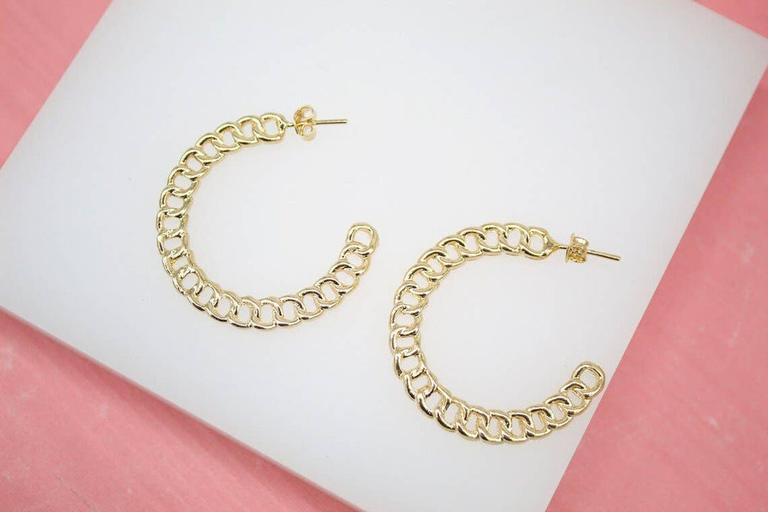 18K Gold Filled Dainty Curb Cuban Link Open Hoop Earrings