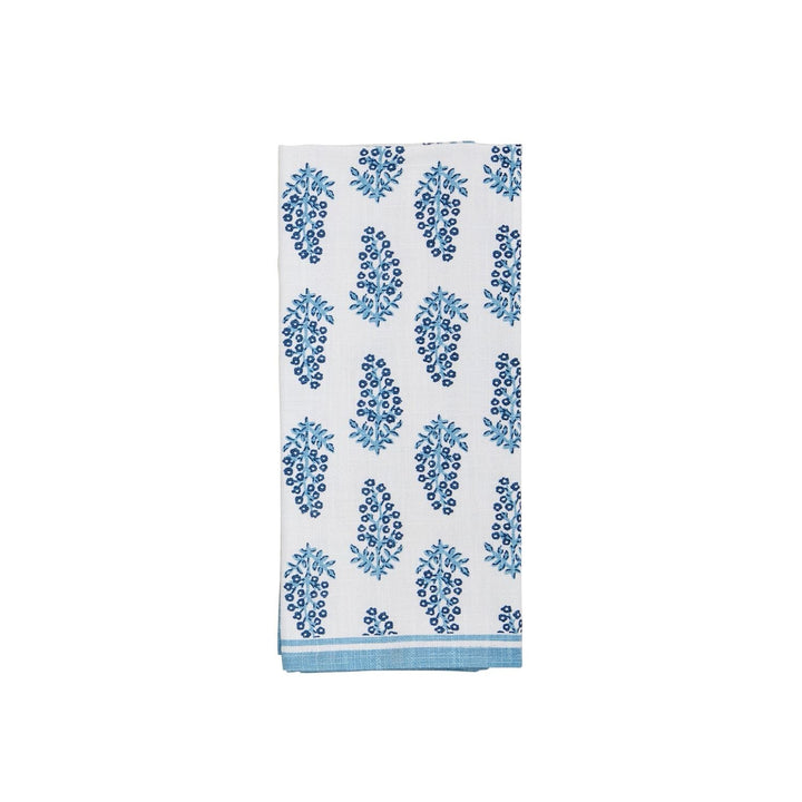White quick dry towel with blue floral grape cluster pattern and blue striped border