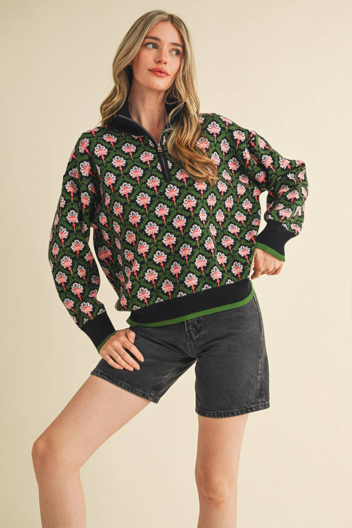 Floral Mock Neck ½ Pullover