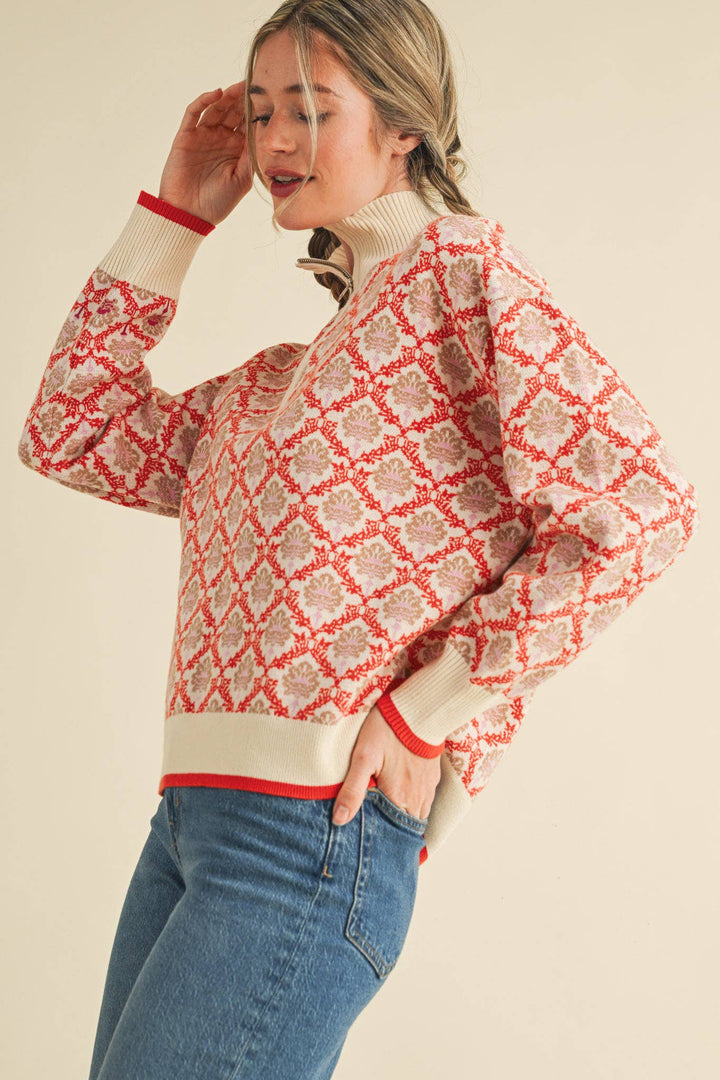 Floral Mock Neck ½ Pullover