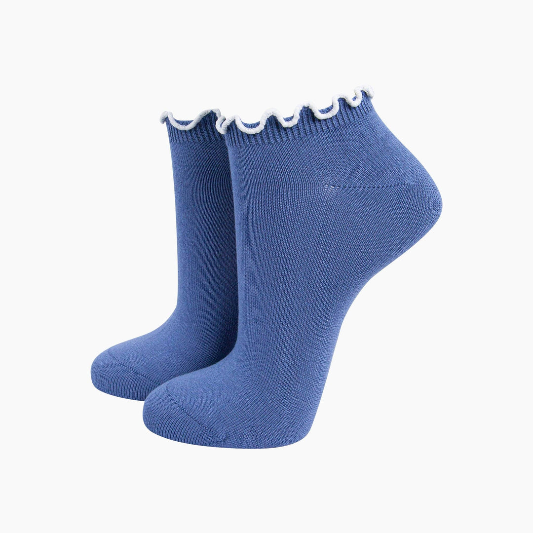 Blue bamboo ankle trainer socks with white frilly scalloped trim cuff, pair