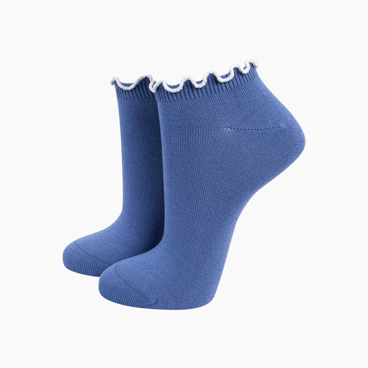 Blue bamboo ankle trainer socks with white frilly scalloped trim cuff, pair