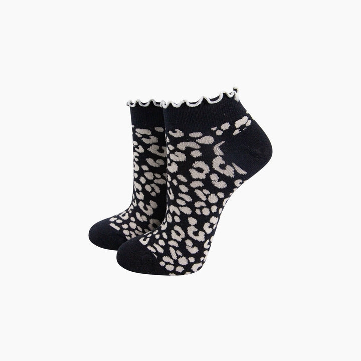 Black and white leopard print ankle socks with frilled scallop cuff trim