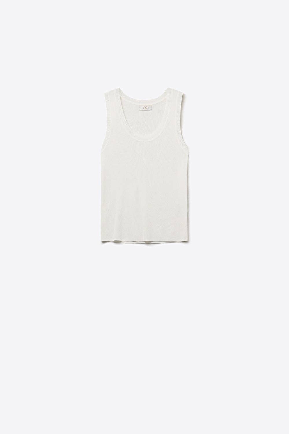 Q2 white ribbed knit sleeveless tank top with v-neck on clean background
