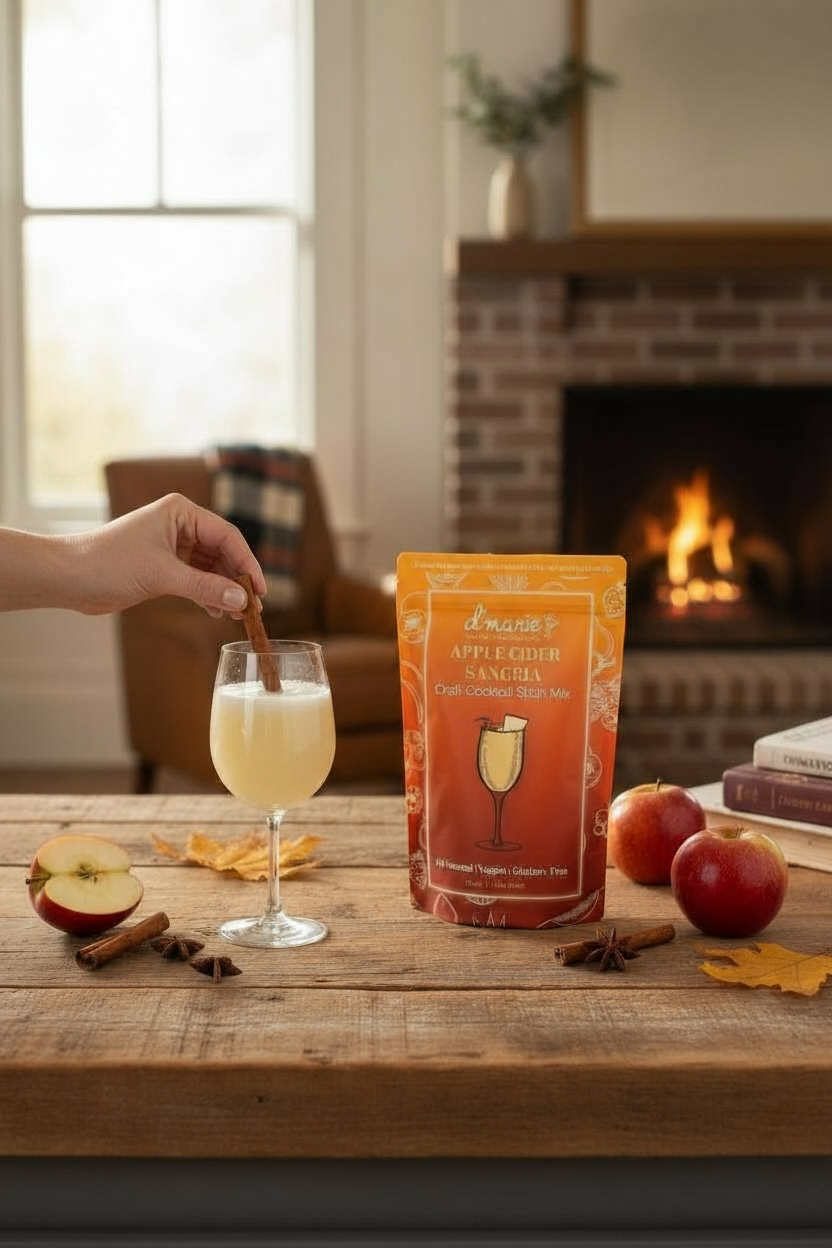 D'Marie Apple Cider Sangria cocktail mix package with glass and autumn ingredients