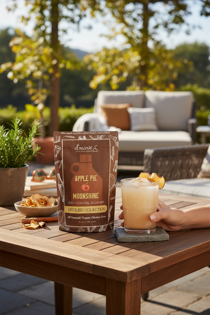 D'Marie Apple Pie Moonshine cocktail slush mix package with prepared drink on wooden table
