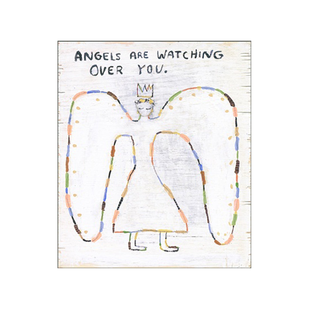 Sugarboo art poster featuring a folk-style angel with colorful wings and crown on white background