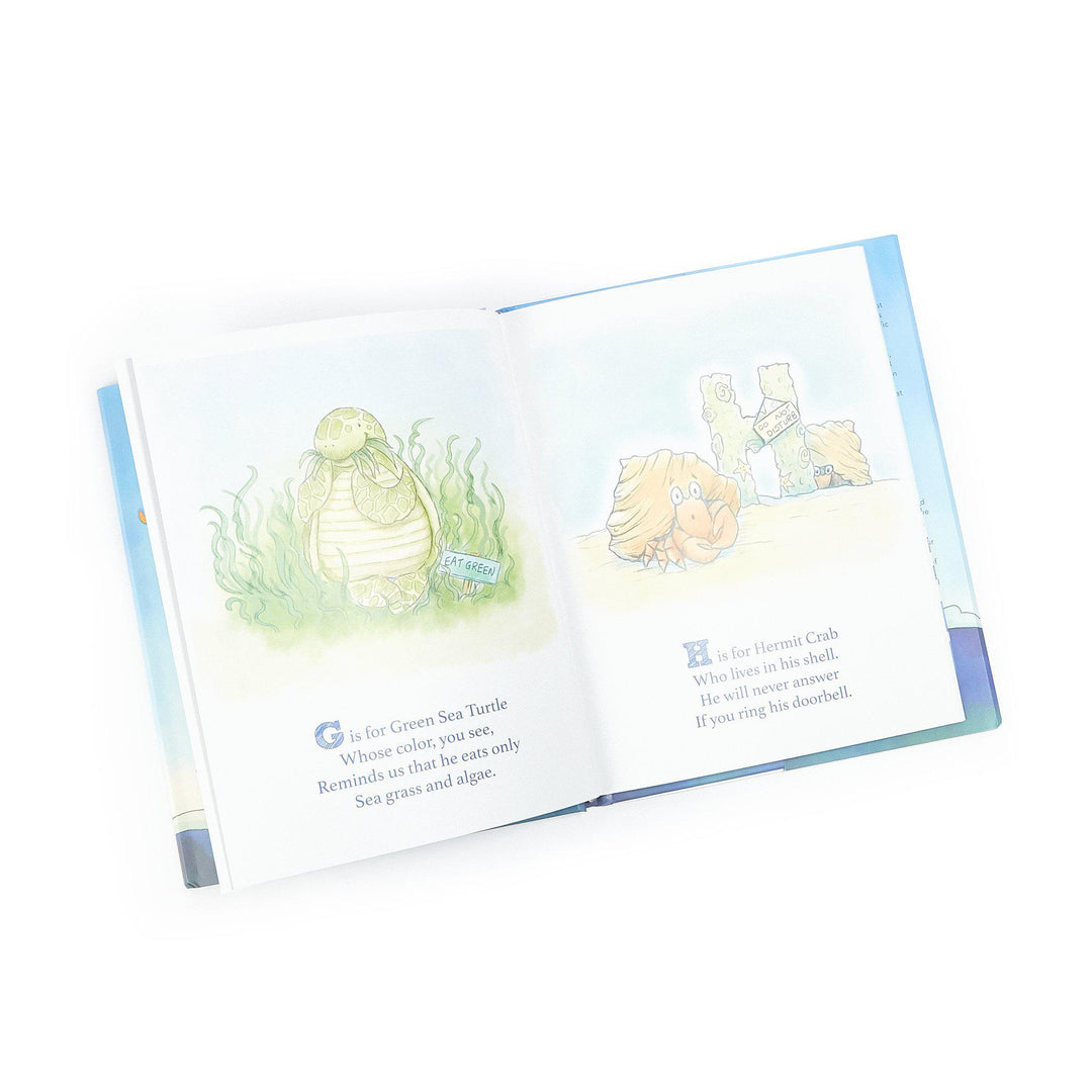 Open children's book showing watercolor illustrations of sea turtle and hermit crab with alphabet text