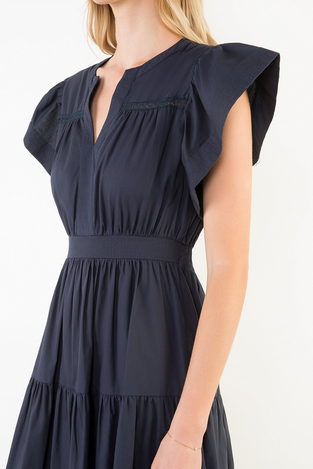 Navy blue midi dress with ruffled cap sleeves, v-neck, and tiered skirt