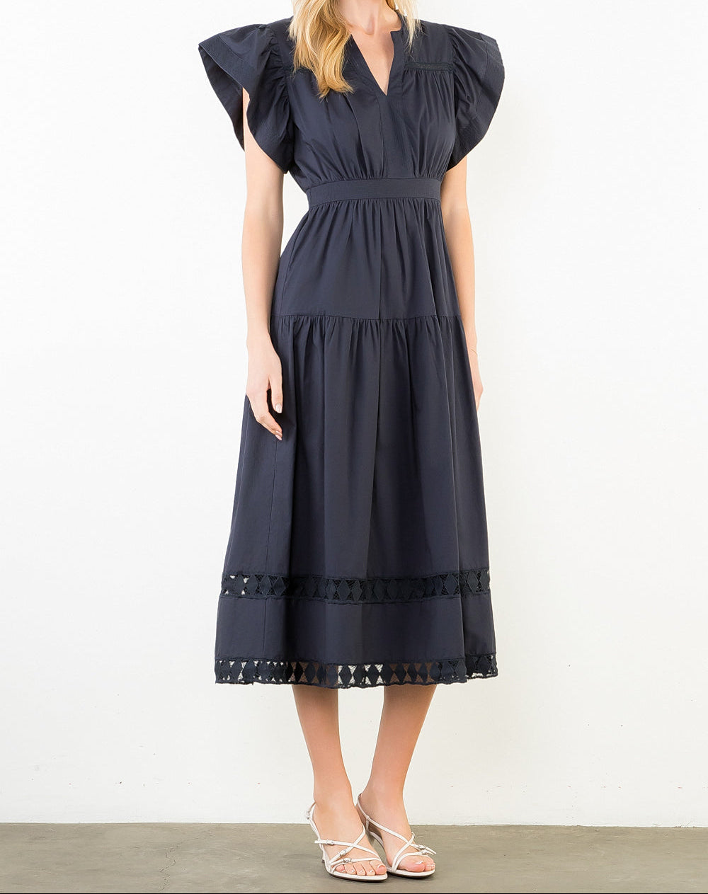 ThML Women Ruffled Sleeves V-neck Tiered Midi Dress s e r e n d i p i t y ThML Women Ruffled Sleeves V-neck Tiered Midi Dress s e r e n d i p i t y