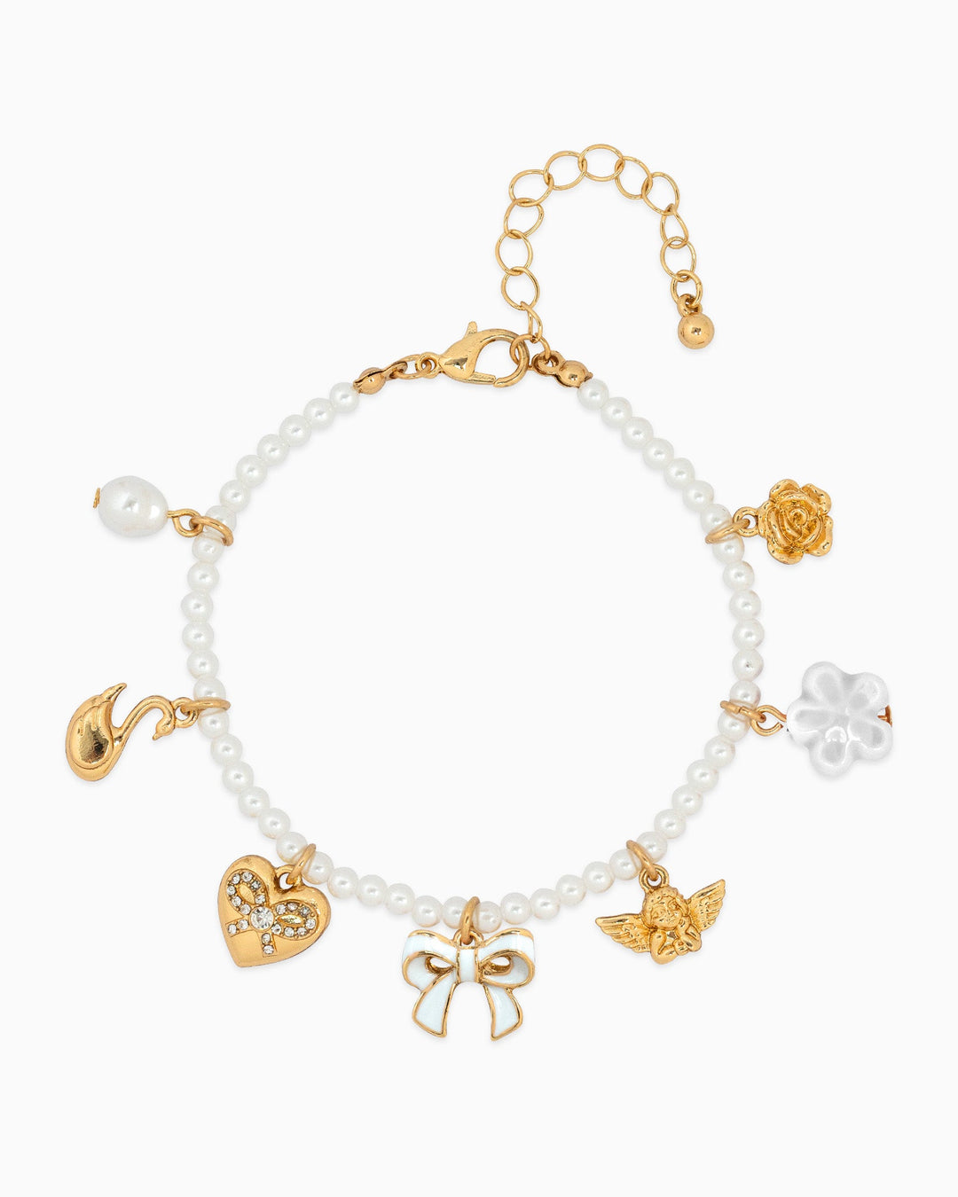 Sessori Sugar Pearl Dreams bracelet with white pearls, bow, angel, swan, and gold charms