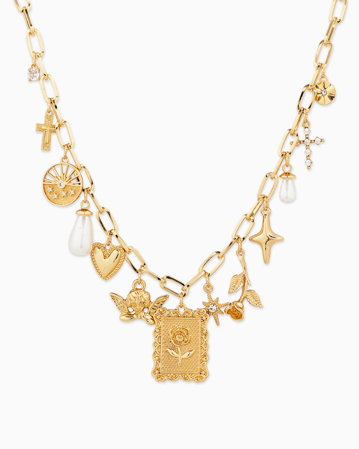 Sessori Framed Rose Multi Charm Necklace in gold with pearl and crystal charms