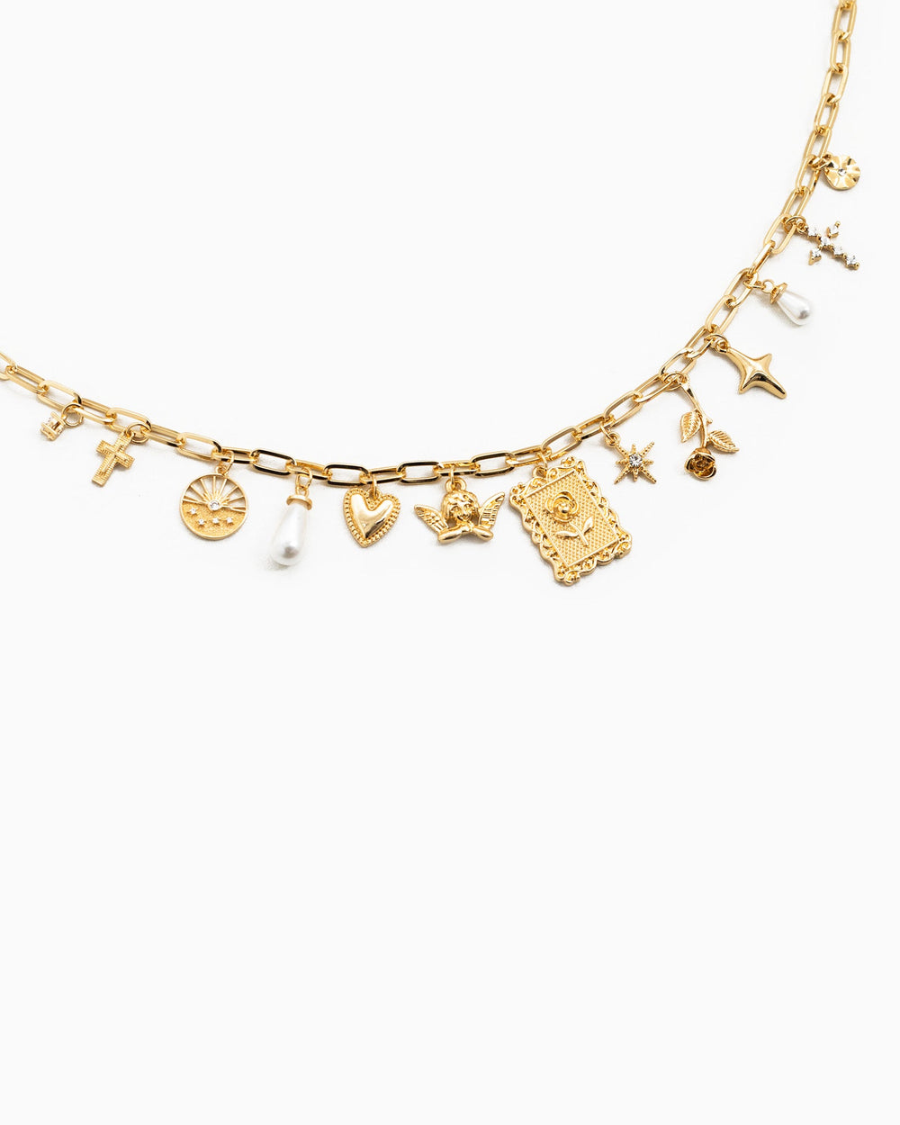 Sessori Framed Rose Multi Charm Necklace in gold with pearl and cross charms