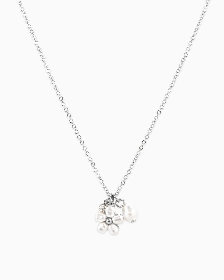 Sessori dainty silver chain necklace with pearl flower charm and crystal accent pendant