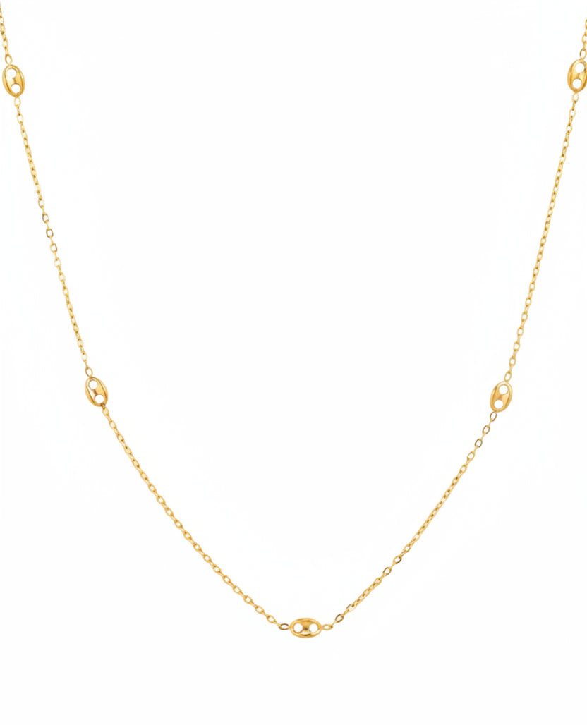 Gold stainless mariner oval station chain necklace with evenly spaced oval links