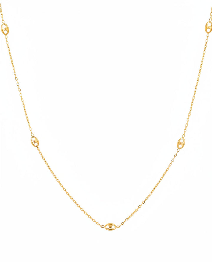 Gold stainless mariner oval station chain necklace with evenly spaced oval links