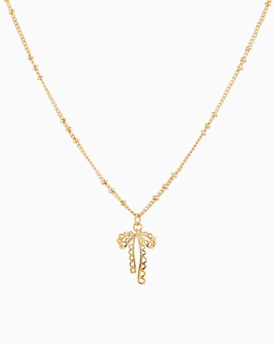 Sessori Lace Bow Ball Station Necklace in gold with delicate palm tree pendant