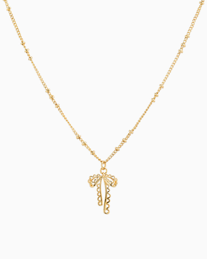 Sessori Lace Bow Ball Station Necklace in gold with delicate palm tree pendant