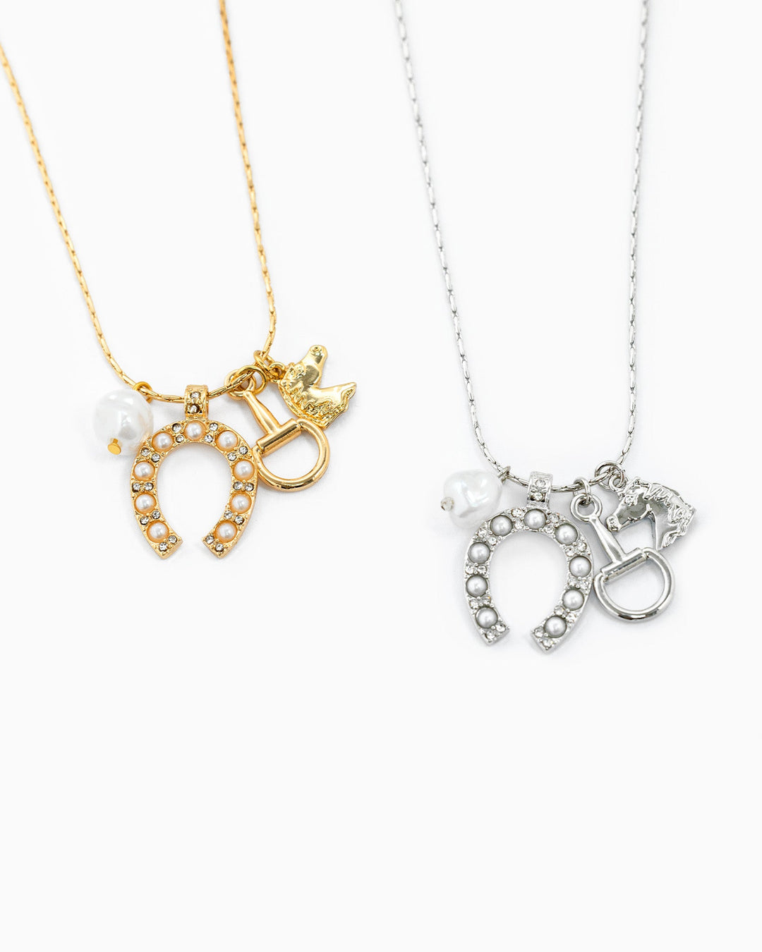 Western pearl horseshoe horse bit shoe charm necklace in gold and silver variants with pearl accents