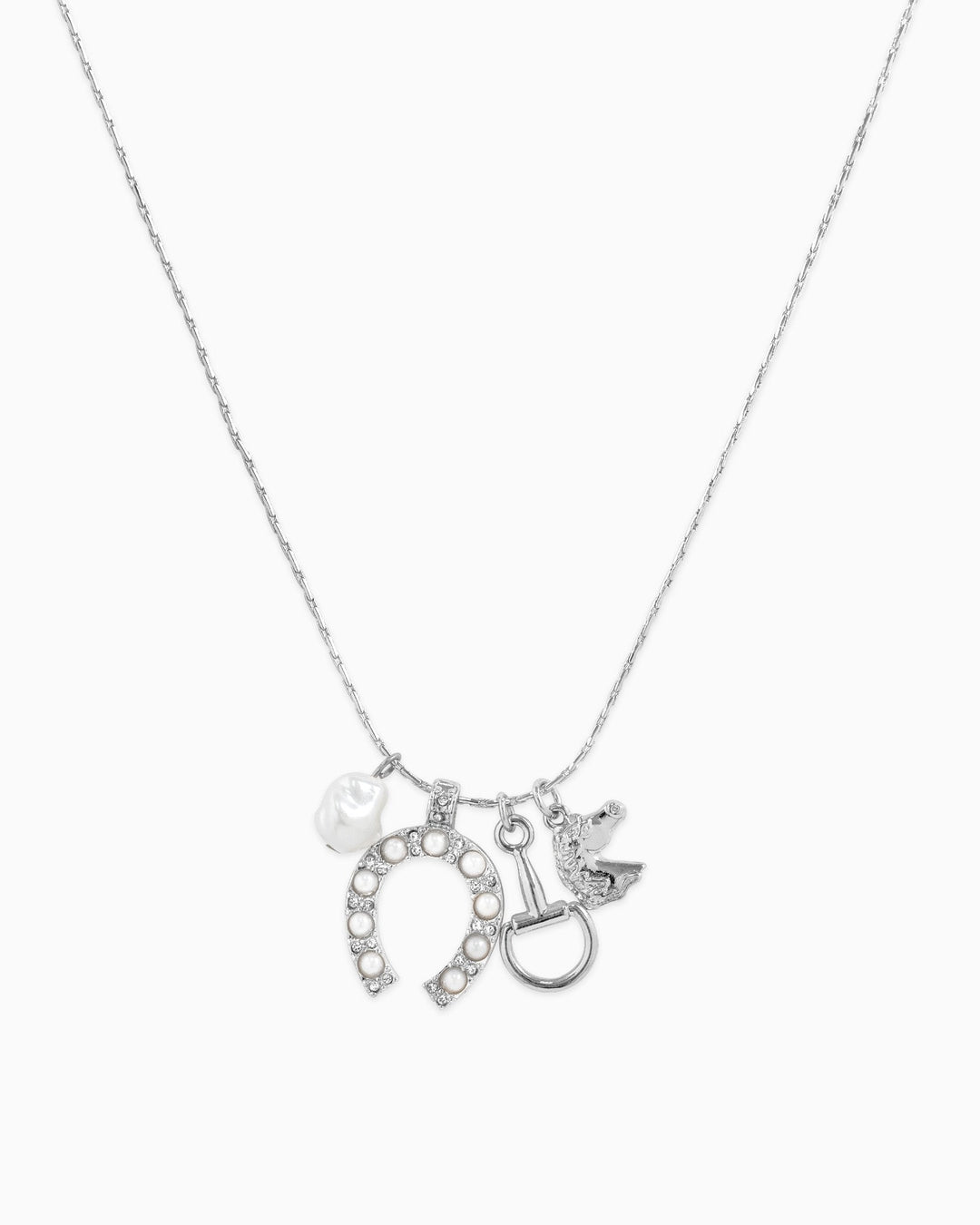 Silver charm necklace featuring pearl horseshoe, horse bit, pearl drop, and horse shoe charms