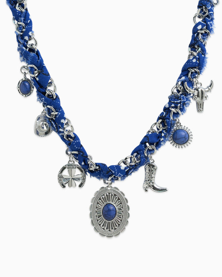 Sessori blue paisley scarf braided silver chain necklace with western concho and multi charms