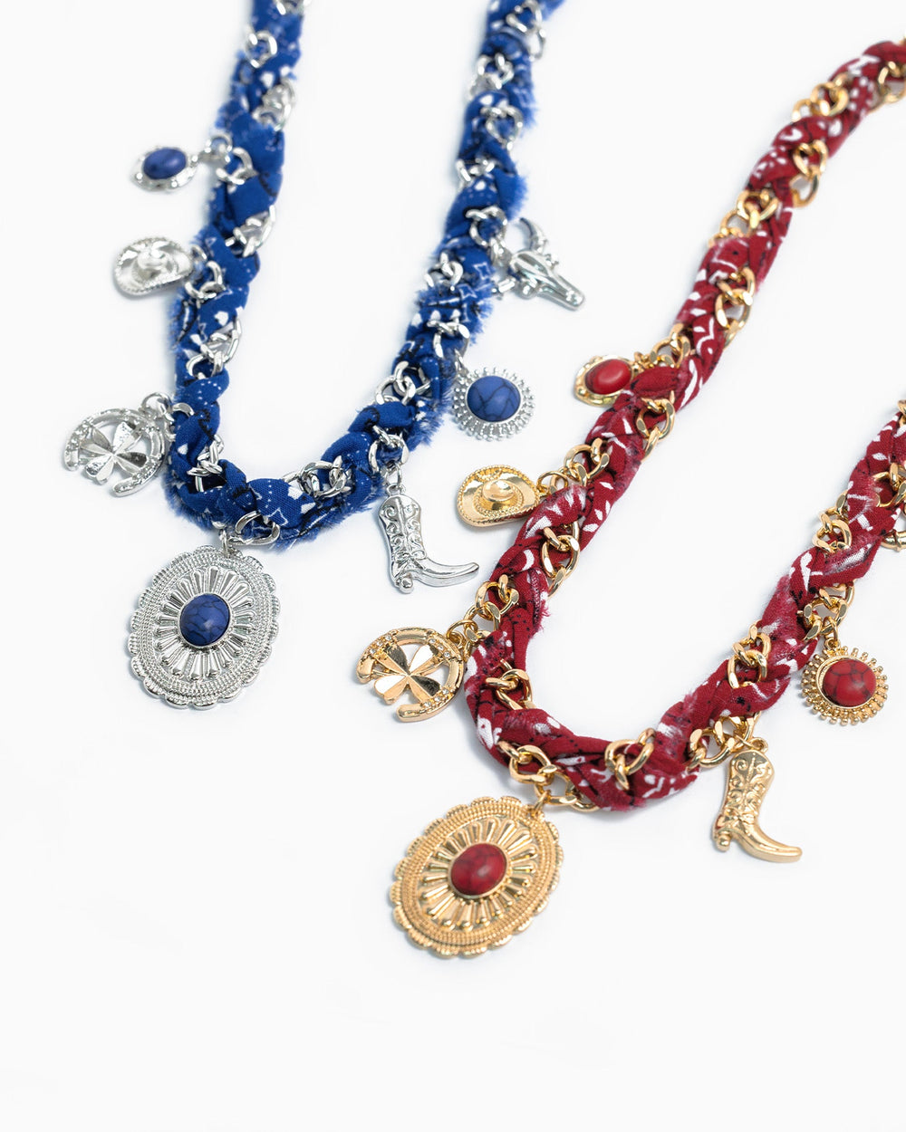 Blue paisley scarf western concho charm necklace with silver chain and cowboy-themed charms