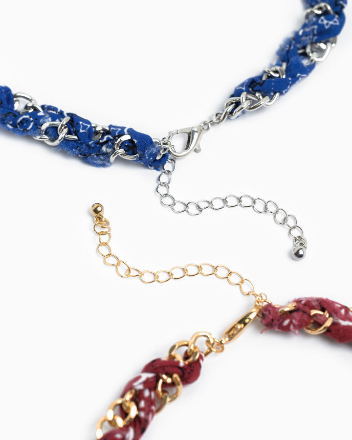 Blue paisley scarf woven with silver chain necklace featuring lobster clasp and extender