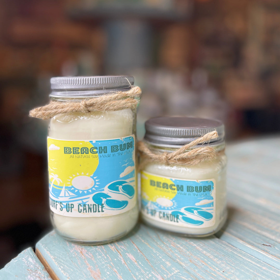 Surf's Up Candle Beach Bum soy candles in two mason jar sizes with beach-themed labels