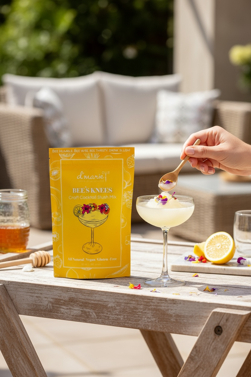D'Marie Bee's Knees craft cocktail slush mix in yellow packaging with garnished drink