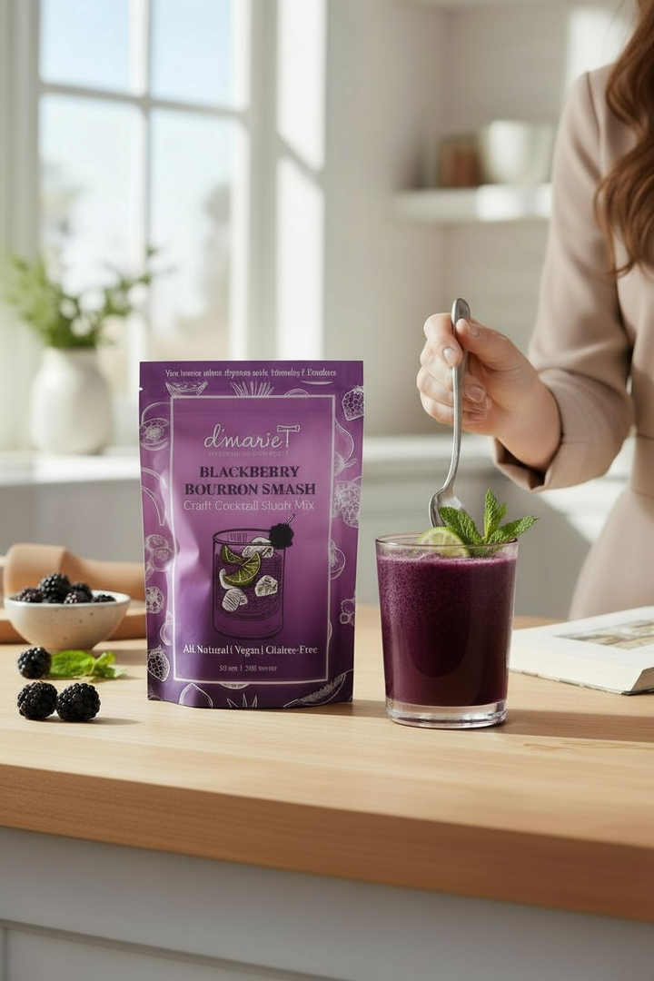 D'Marie Blackberry Bourbon Smash craft cocktail mix with purple drink and fresh blackberries