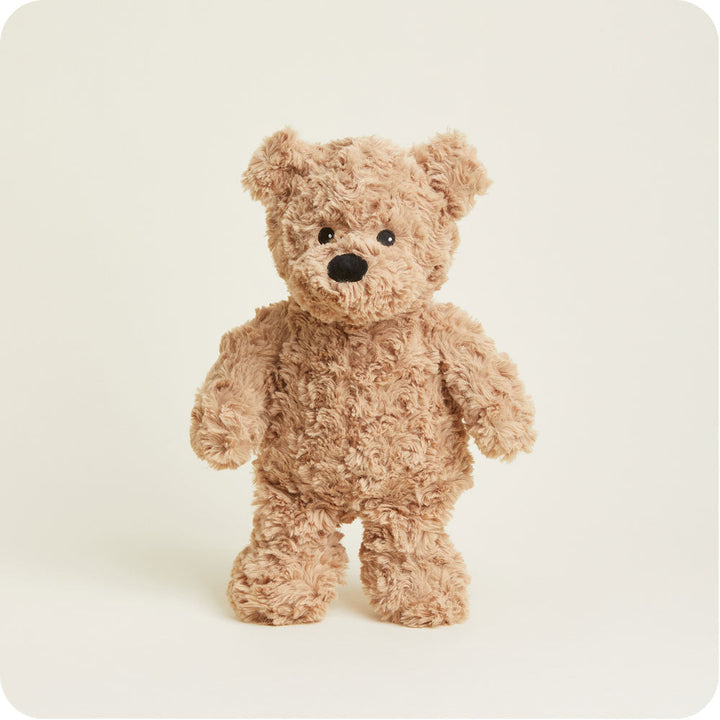 Brown curly textured Warmies teddy bear plush toy on white background