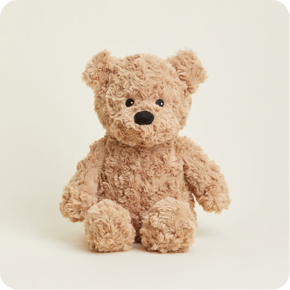 Warmies brown curly teddy bear plush toy with black nose and eyes