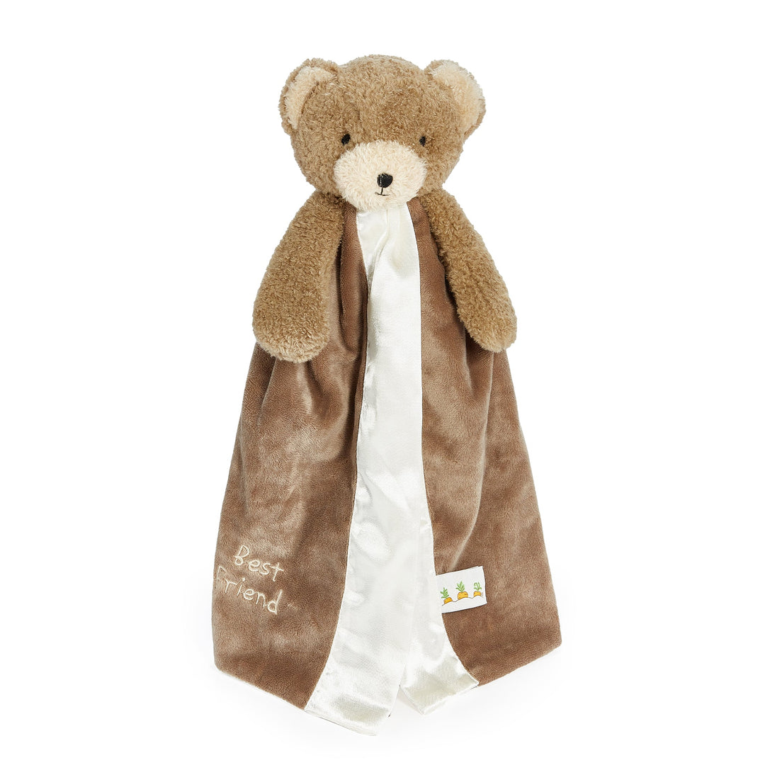 Brown teddy bear security blanket with cream satin backing and 'Best Friend' embroidery