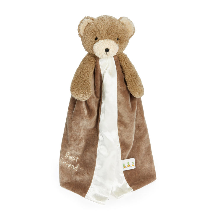 Brown teddy bear security blanket with cream satin backing and 'Best Friend' embroidery