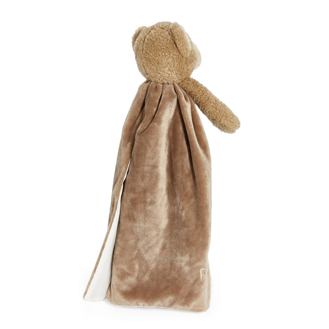 Tan teddy bear security blanket with soft plush head and flowing blanket body