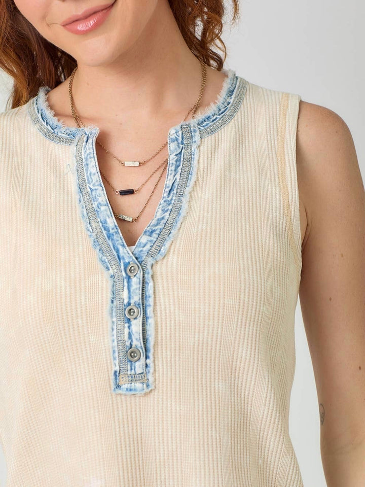 Mystree washed thermal sleeveless top in almond with blue paisley trim and button details