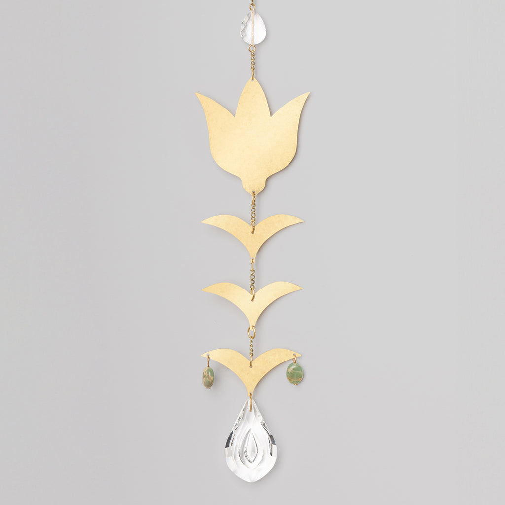 Scout gold tulip flower suncatcher with crystal drops and green beads