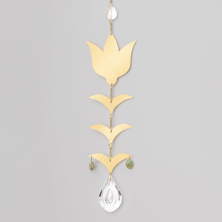 Scout gold tulip flower suncatcher with crystal drops and green beads
