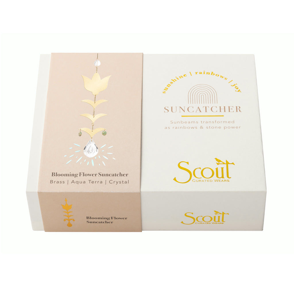 Scout Blooming Flower Suncatcher in brass with aqua terra and crystal details in gift box