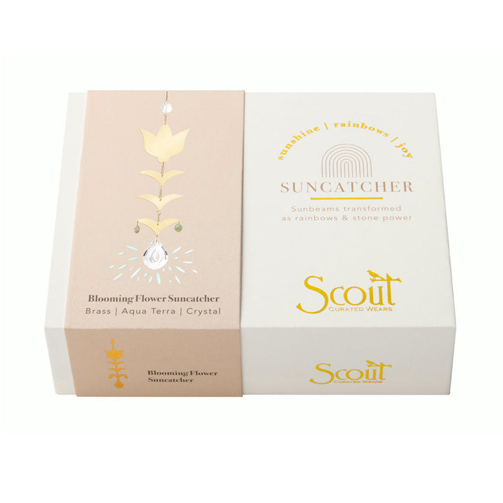 Scout Blooming Flower Suncatcher in brass with aqua terra and crystal details in gift box