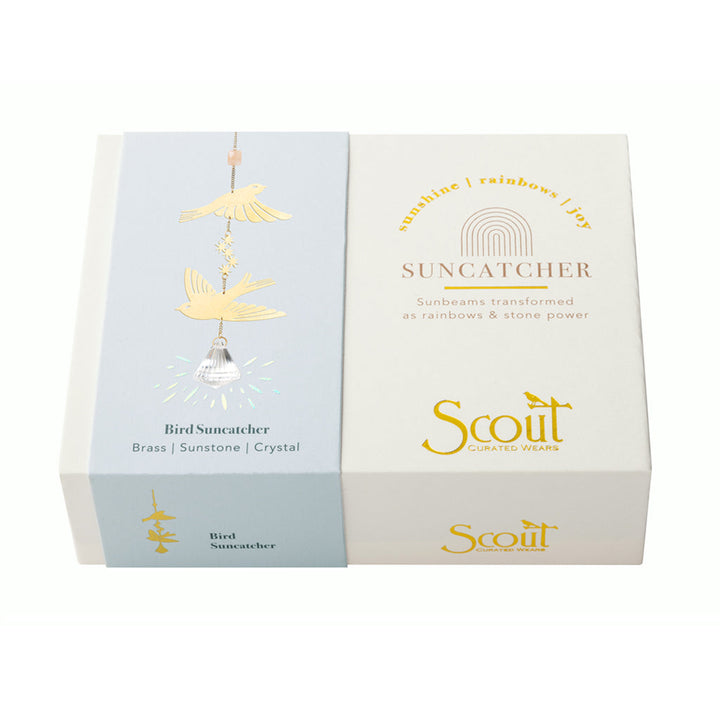 Scout Bird Suncatcher with brass birds, sunstone and crystal in product packaging