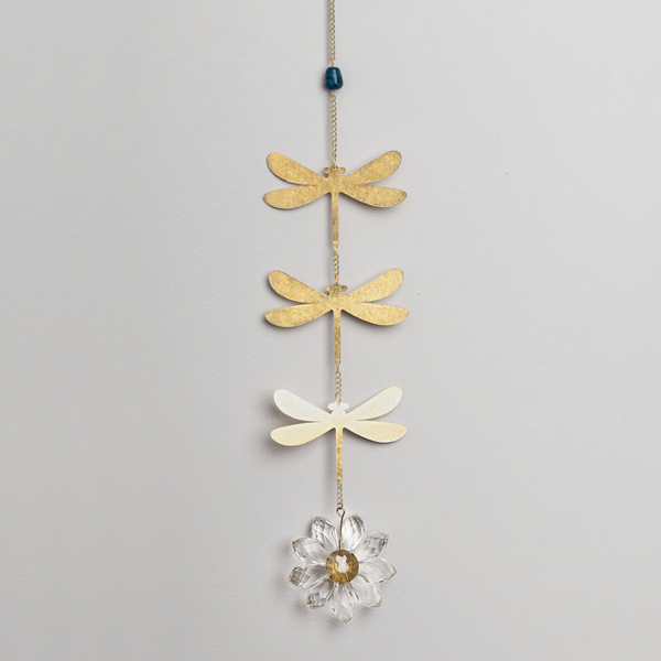 Scout suncatcher with gold dragonfly charms and crystal flower pendant on chain