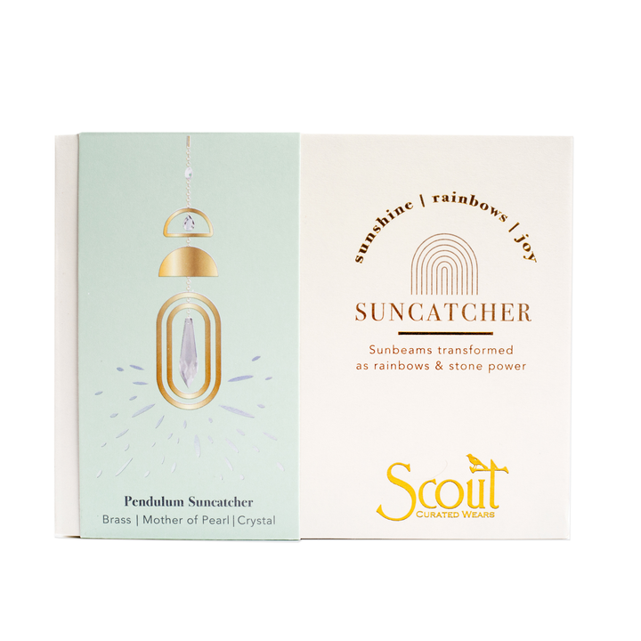 Scout Curated Wears Pendulum Suncatcher with brass, mother of pearl, and crystal geometric design