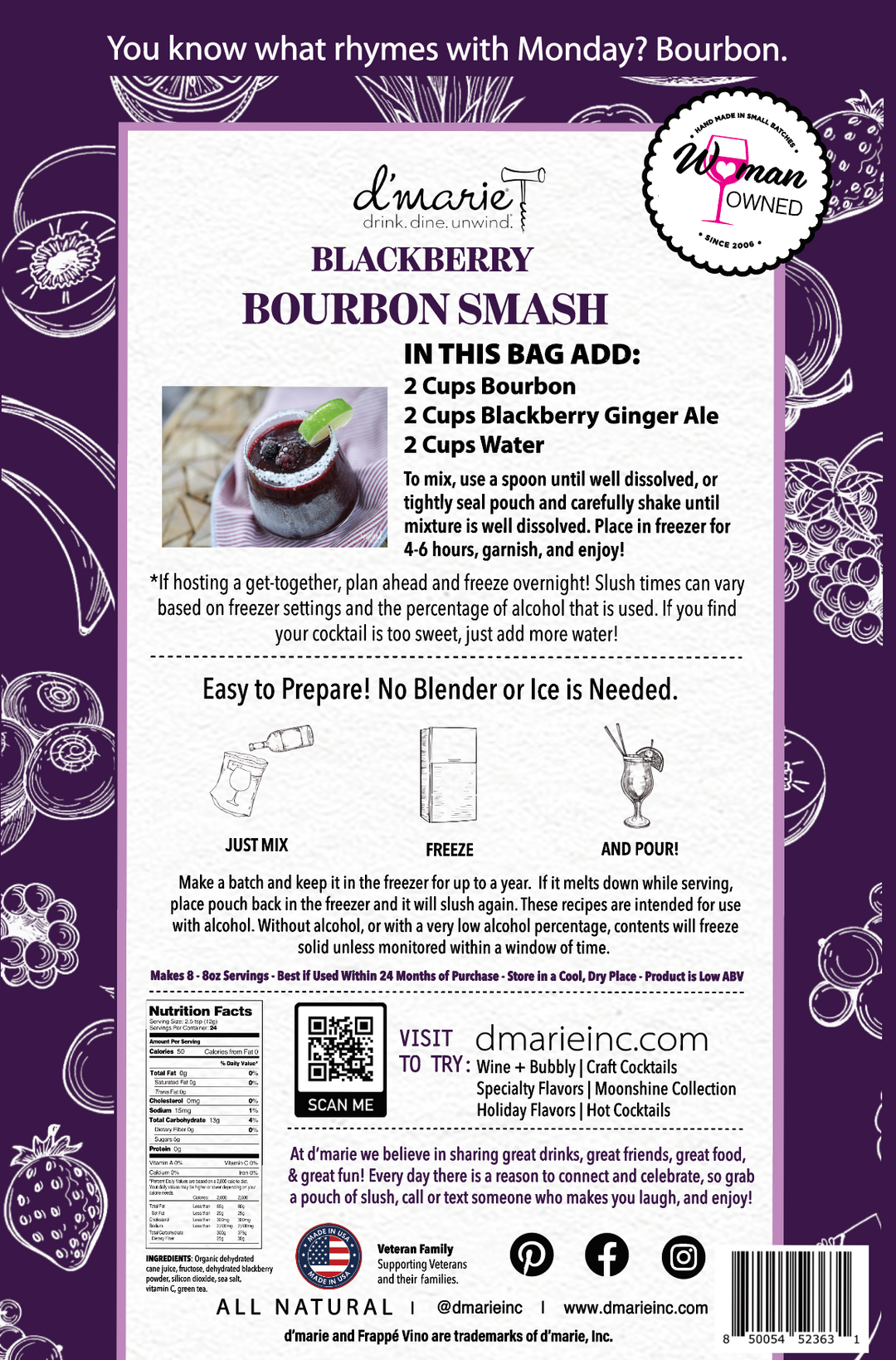 D'Marie Blackberry Bourbon Smash cocktail mix bag with recipe instructions on purple background