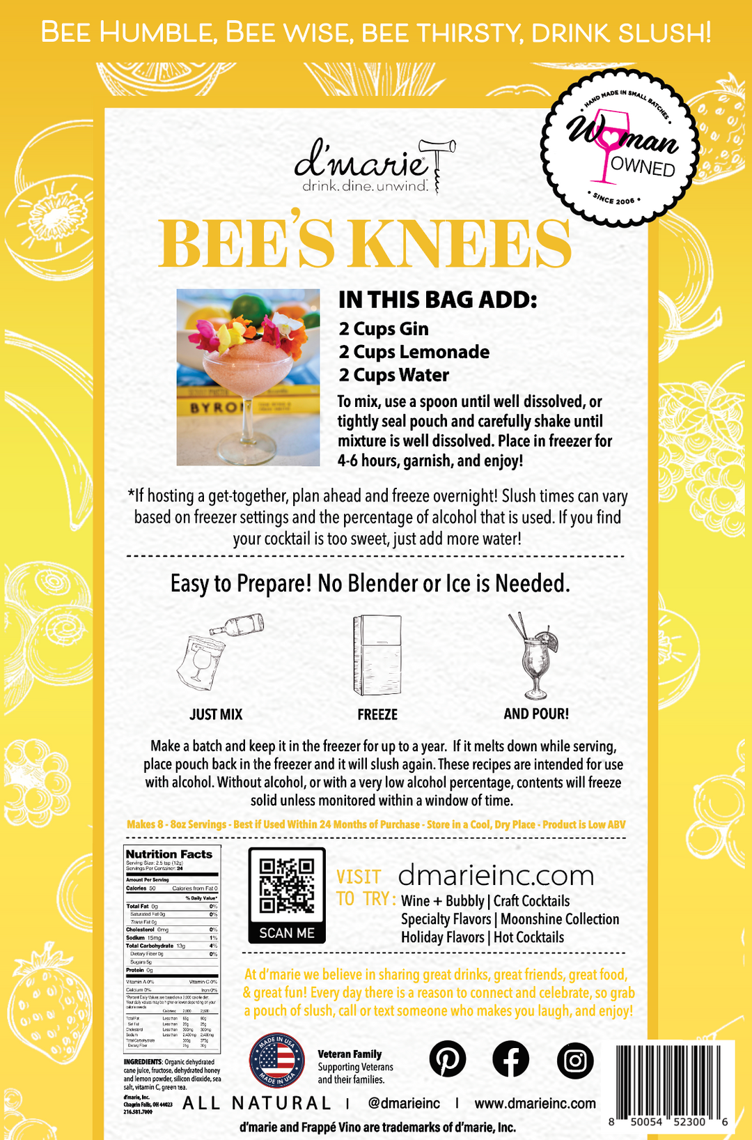 D'Marie Bee's Knees cocktail mix bag with yellow packaging and preparation instructions