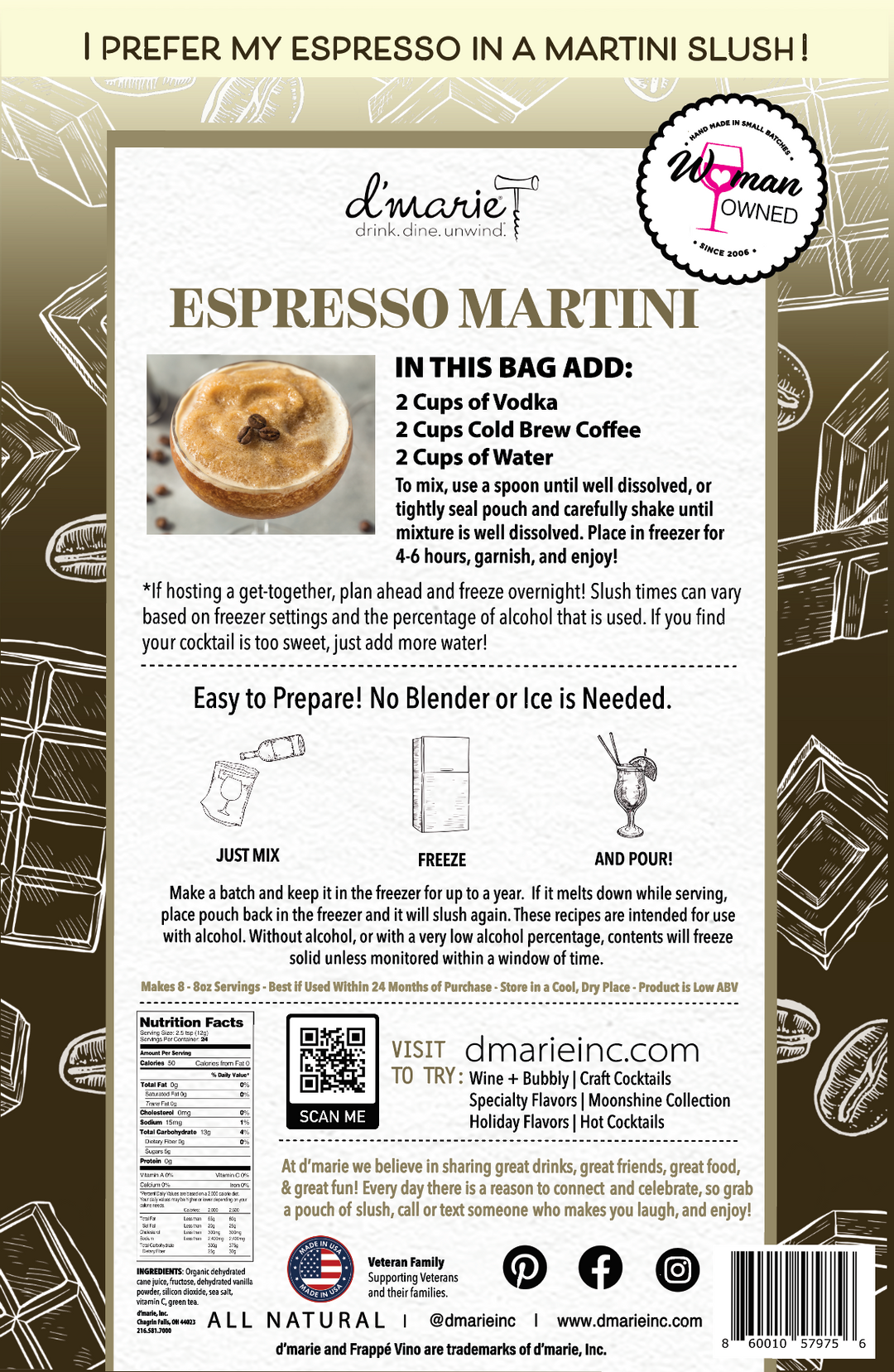D'Marie Espresso Martini cocktail slush mix bag with preparation instructions and branding